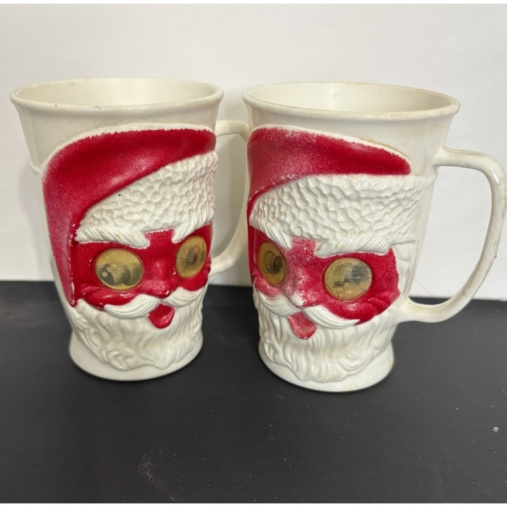 Vintage 1950's Plastic Santa Claus 2‎ Cups Tumbler  Google Eyes USA Eagle 4.5x3"